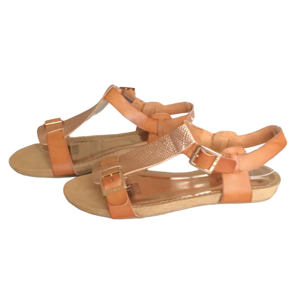 Nine West Girls Sandals Rose Gold Camel Tan Leather Buckle Flat Girls Size 4
